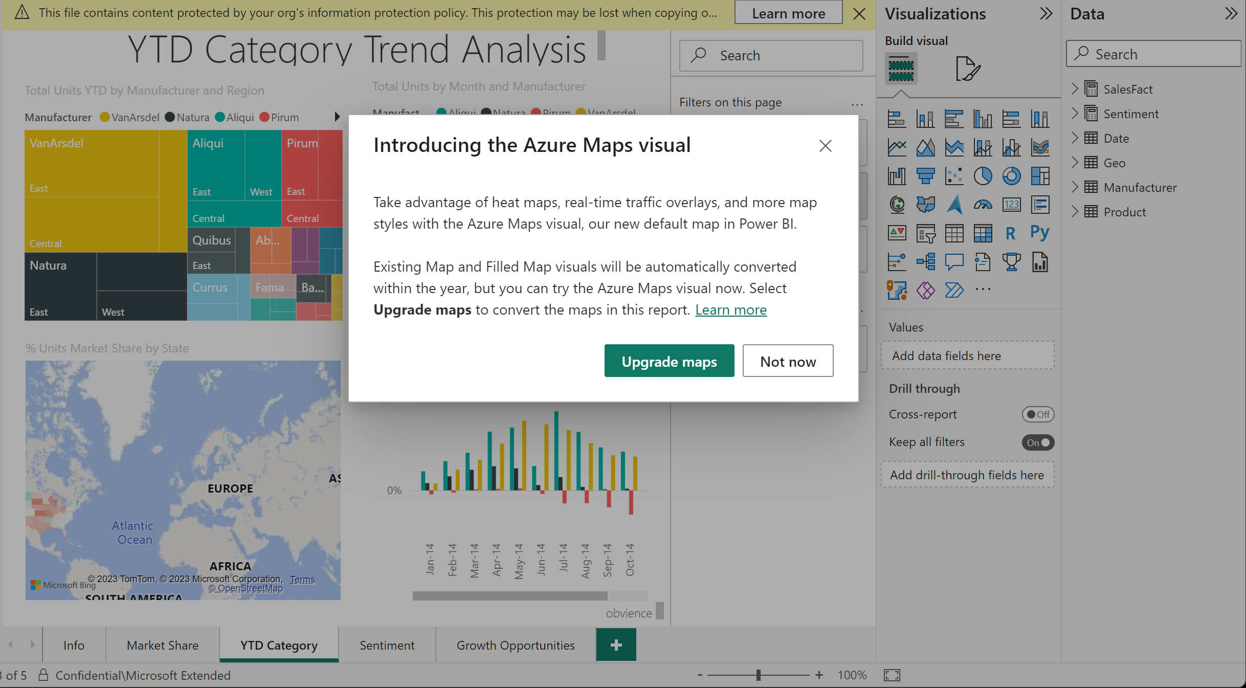 Capture d’écran montrant l’option de mise à niveau des cartes vers le visuel Azure Maps.