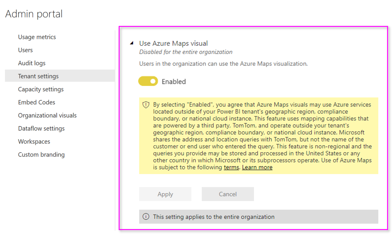 Portail d’administration Power BI montrant les paramètres du locataire pour le visuel Azure Maps.