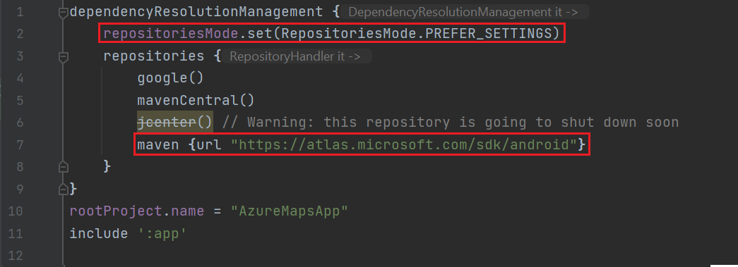 Capture d’écran du fichier des paramètres du projet dans Android Studio.