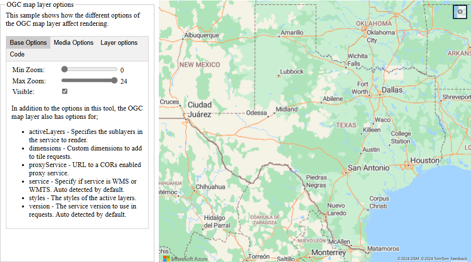 Capture d’écran qui montre une carte, ainsi que les options de couche OGC.