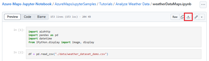 Capture d’écran montrant comment télécharger le fichier du notebook nommé weatherDataMaps.ipynb à partir du référentiel GitHub.