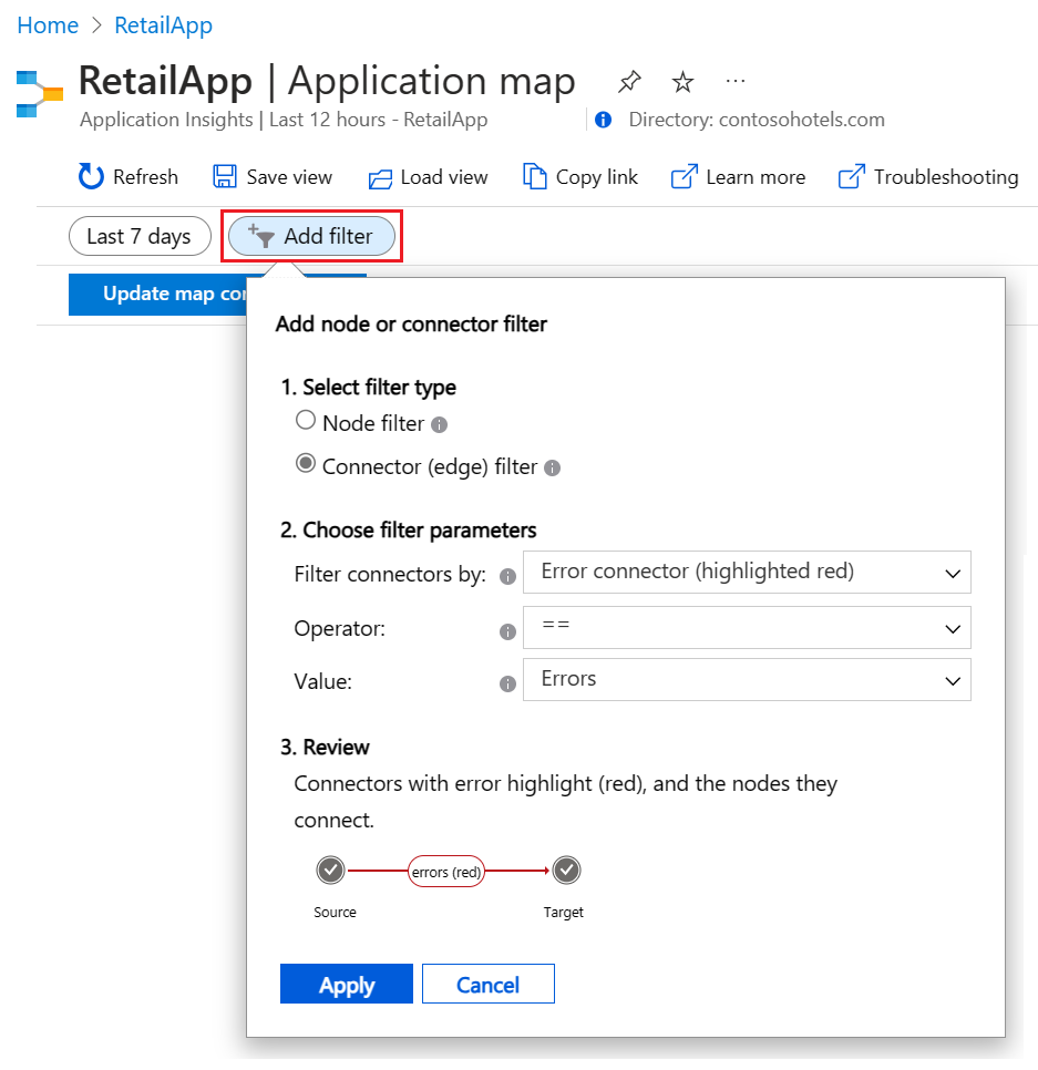 Capture d’écran montrant comment ouvrir l’option Ajouter un filtre dans une cartographie d’application.