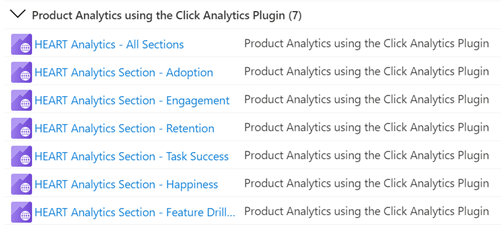 Capture d’écran montrant les noms des sept classeurs HEART sous Modèles publics dans la section Classeurs Azure Application Insights.