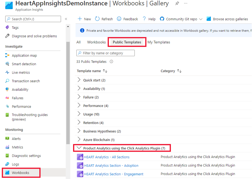 Capture d’écran montrant l’emplacement des classeurs HEART dans Azure Application Insights.