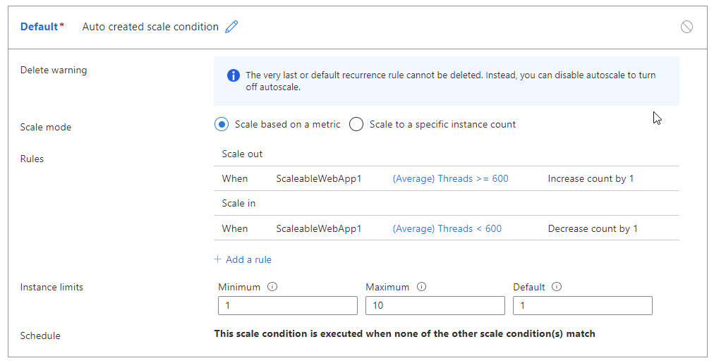 Capture d’écran montrant des règles de mise à l’échelle automatique : effectuer un scale-out lorsque le nombre de threads est supérieur ou égal à 600 et effectuer un scale-in lorsque le nombre de threads est inférieur à 600.