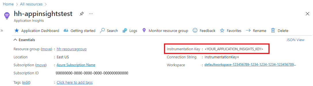 Capture d’écran montrant où trouver la clé d’instrumentation dans le portail Azure.