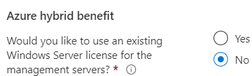 Capture d’écran montrant les options d’Azure Hybrid Benefit.