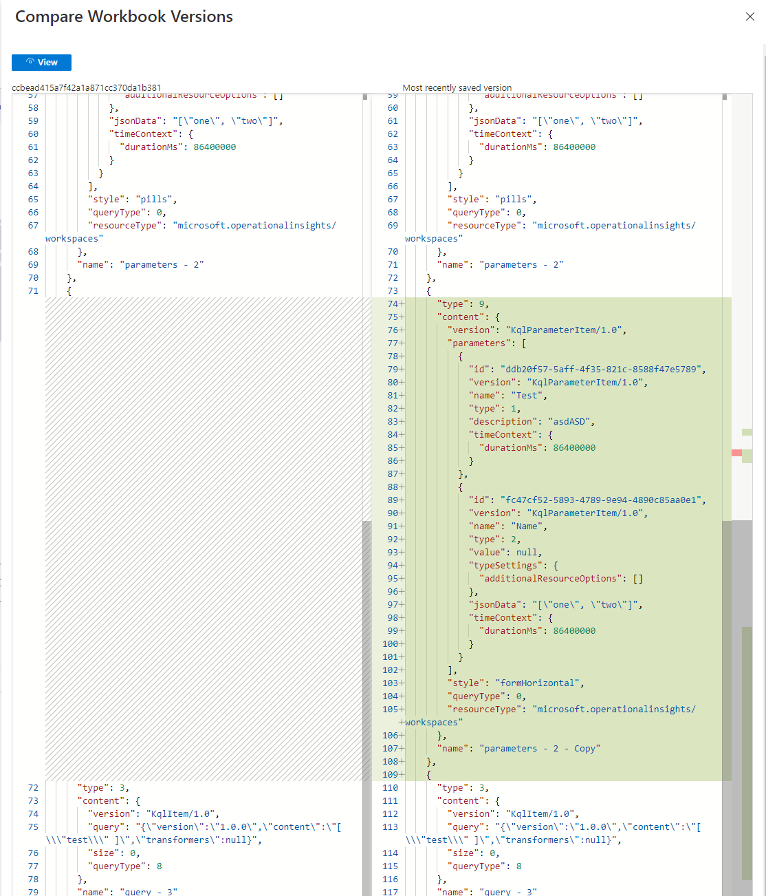 Capture d’écran montrant une comparaison de versions dans l’écran Comparer les versions du classeur.