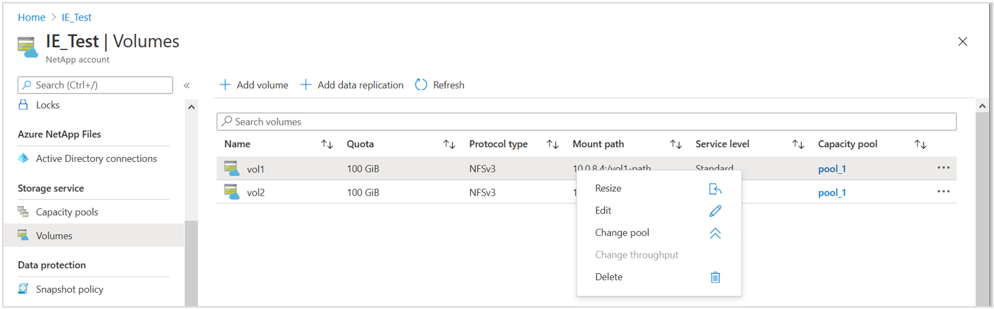 Capture d’écran montrant le menu contextuel du volume