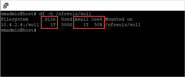 Capture d’écran montrant l’utilisation de Linux pour afficher la capacité de stockage d’un volume après le changement de comportement.