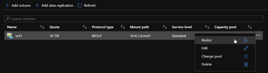 Capture d’écran montrant les options de menu contextuel pour un volume.