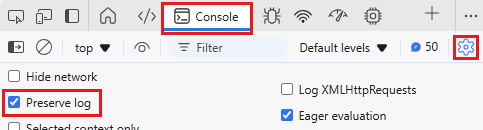 Capture d’écran mettant en évidence l’option Conserver le journal sous l’onglet Console dans Edge.