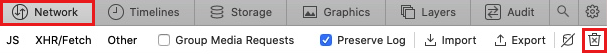 Capture d’écran de l’option d’effacement des éléments réseau sous l’onglet Réseau dans Safari.