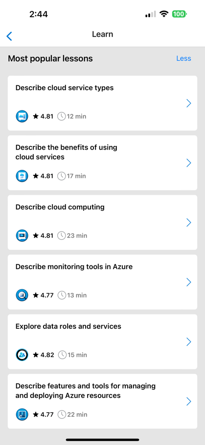 Capture d’écran montrant les 10 leçons les plus populaires dans Azure mobile app.