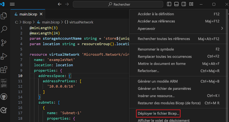 Capture d’écran de l’option Déployer un fichier Bicep.
