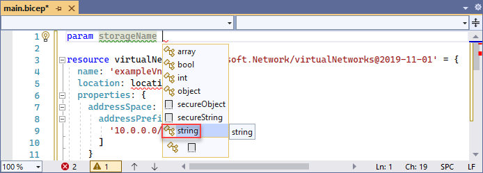 Capture d'écran de l'ajout du type string au paramètre.