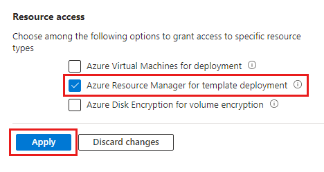 Capture d’écran de la configuration d’accès au coffre de clés qui activent Azure Resource Manager pour le déploiement de modèles.