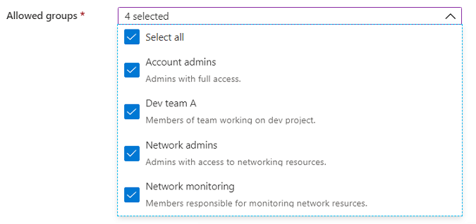 Capture d’écran de l’élément de l’interface utilisateur Microsoft.Common.DropDown avec la multisélection activée et les descriptions de l’élément.