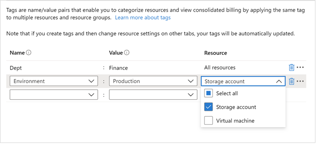 Capture d’écran de l’élément d’interface utilisateur Microsoft.Common.TagsByResource dans un déploiement.