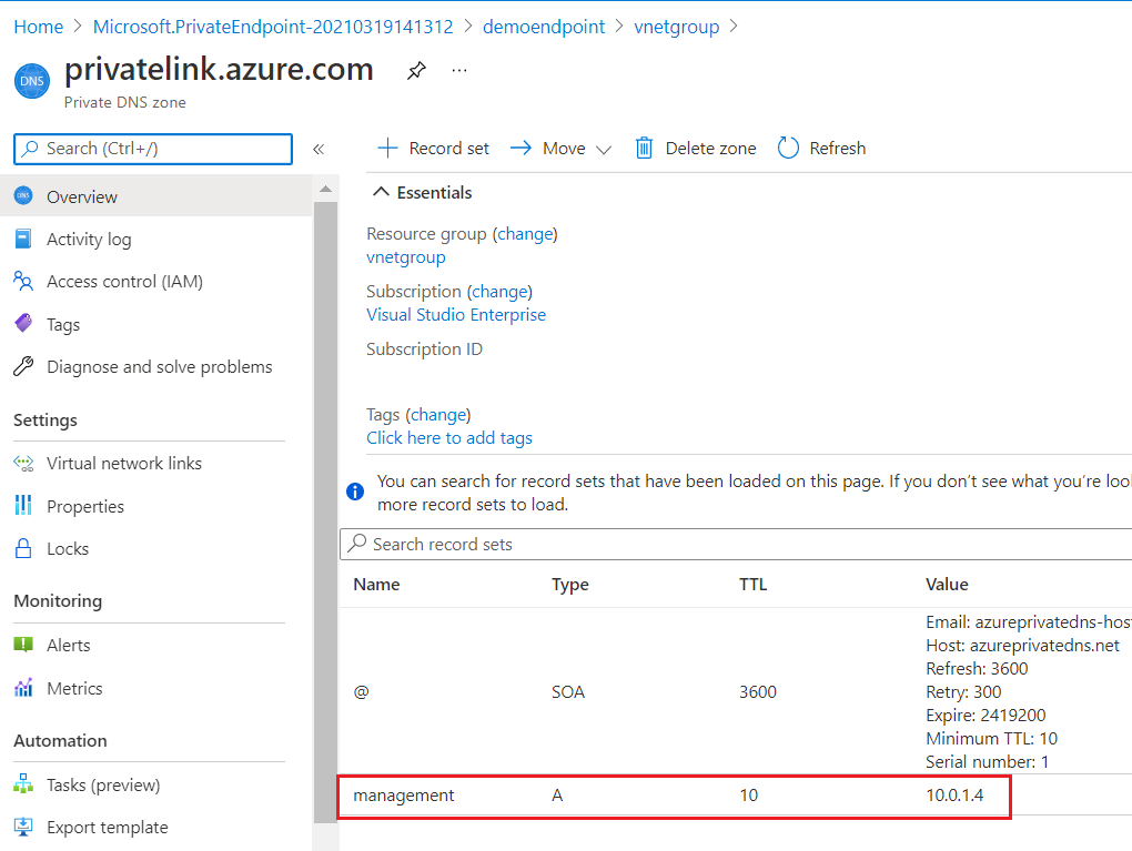 Capture d'écran du portail Azure affichant la ressource de la zone DNS privée avec le jeu d'enregistrements nommé Gestion et son adresse IP locale.