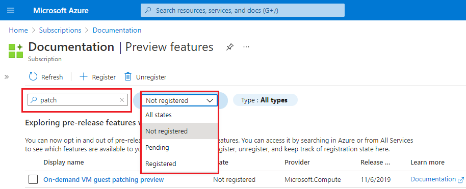 Capture d’écran du filtre de fonctionnalités en préversion du portail Azure.