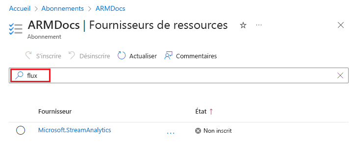 Capture d’écran de la recherche des fournisseurs de ressources dans le portail Azure.