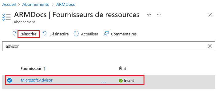 Capture d’écran de la réinscription d’un fournisseur de ressources dans le portail Azure.