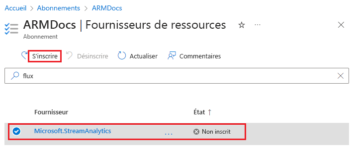 Capture d’écran de l’inscription d’un fournisseur de ressources dans le portail Azure.