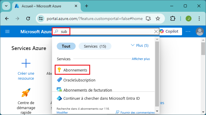 Capture d’écran de la recherche d’abonnements dans le portail Azure.