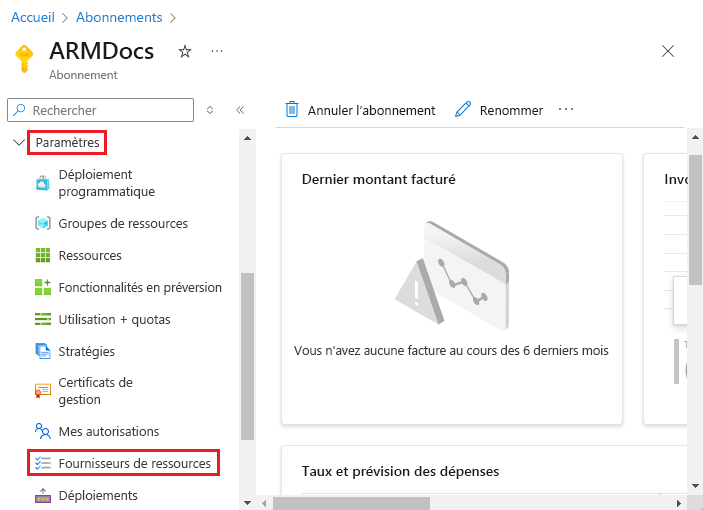 Capture d’écran de la sélection des fournisseurs de ressources dans le portail Azure.