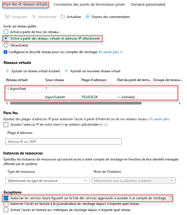 Capture d’écran de la configuration du compte de stockage pour accéder au réseau privé.