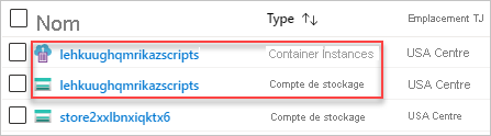 Capture d’écran Noms de la ressource du script de déploiement d’un modèle Resource Manager.