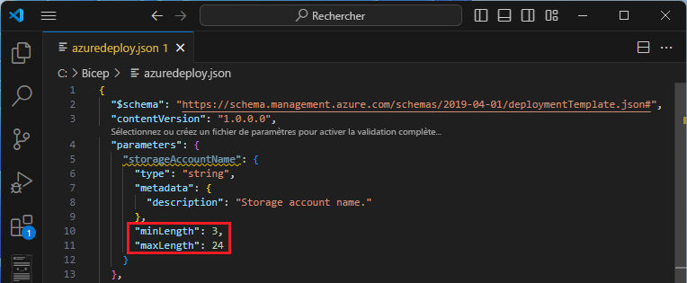 Capture d’écran de l’ajout de minLength et de maxLength à un paramètre de modèle ARM.