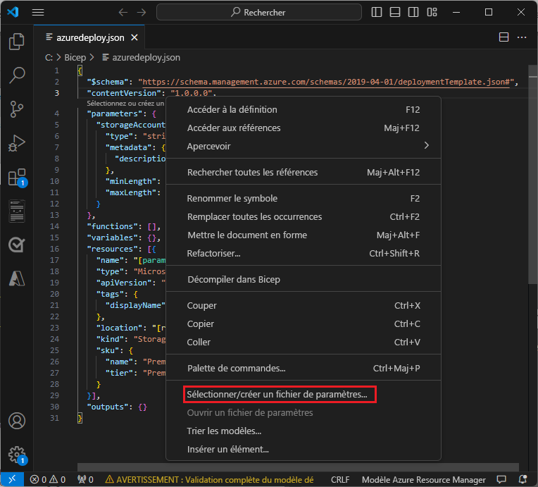 Capture d’écran du processus par clic droit permettant de créer un fichier de paramètres à partir d’un modèle ARM.