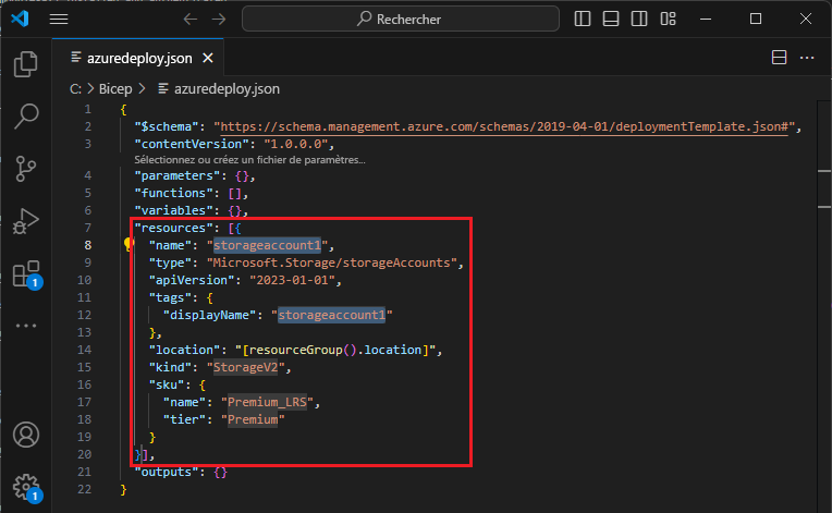 Capture d’écran d’une ressource de stockage Azure dans un modèle ARM.