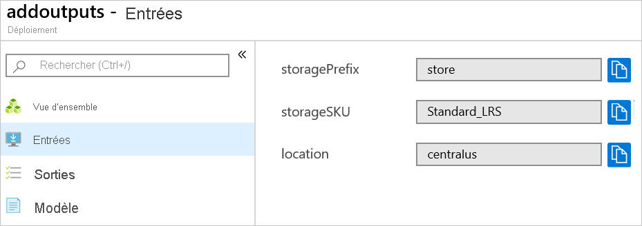 Capture d’écran du Portail Azure montrant les entrées du déploiement.