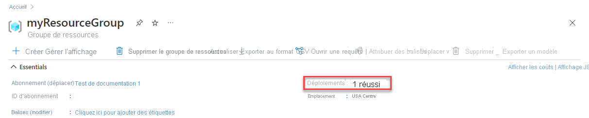 Capture d'écran du portail Azure montrant l'état du déploiement dans la section Essentials du groupe de ressources.