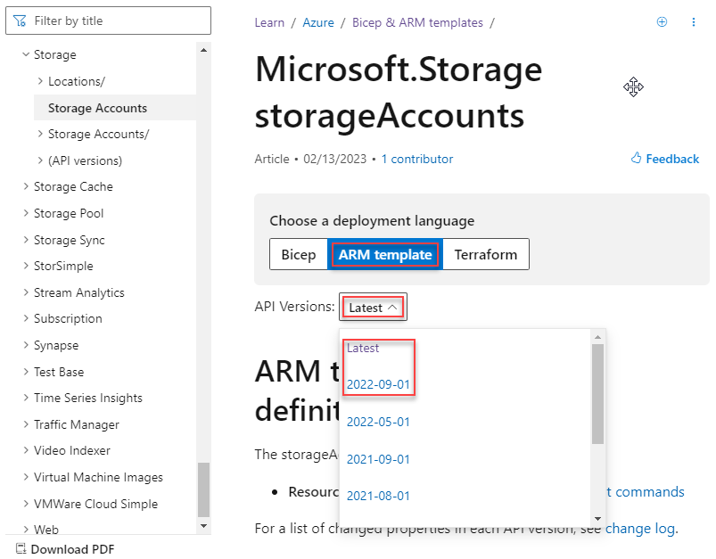 Resource Manager modèle référence versions compte de stockage