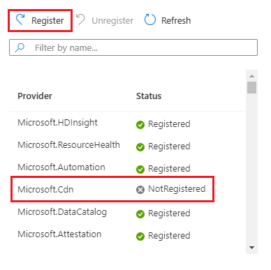 Capture d’écran de la liste de fournisseurs de ressources du portail Azure, avec un fournisseur spécifique sélectionné et le bouton S’inscrire mis en évidence.