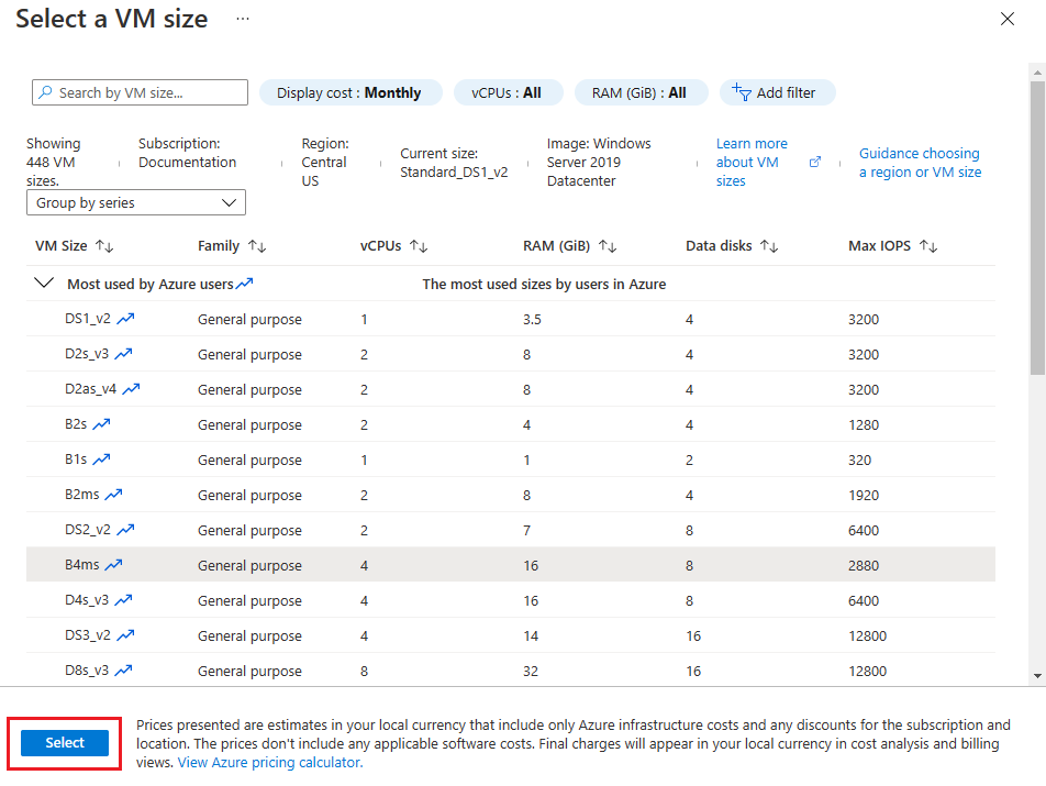 Capture d’écran du portail Azure présentant une liste de tailles de machines virtuelles disponibles avec des options de filtrage pour affiner la sélection.