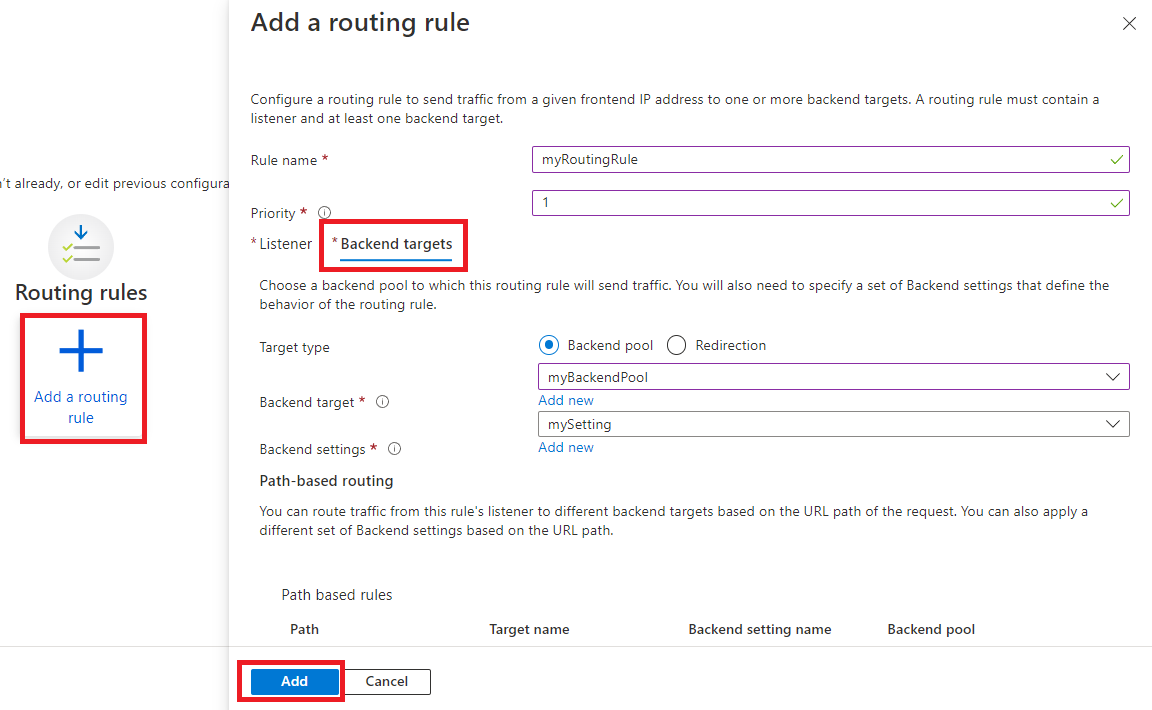 Capture d’écran montrant la création de cibles de back-end pour la passerelle applicative.