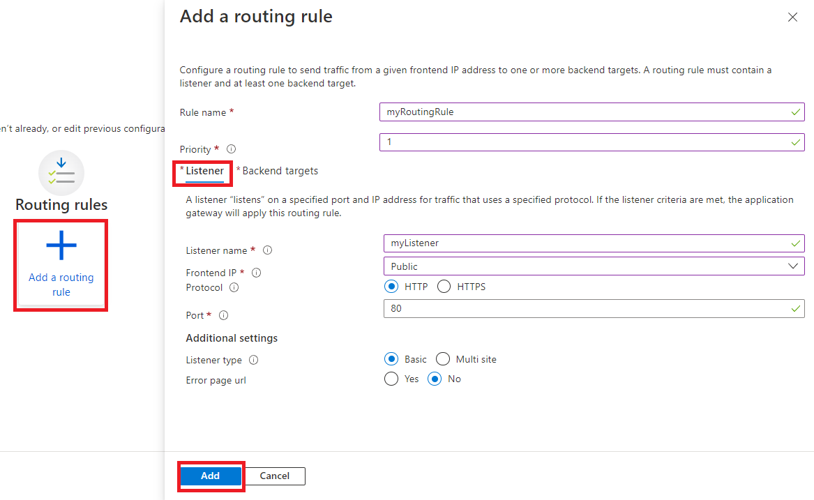 Capture d’écran montrant la configuration sous l’onglet de l’écouteur de règle d’acheminement de passerelle applicative pour SignalR Service.