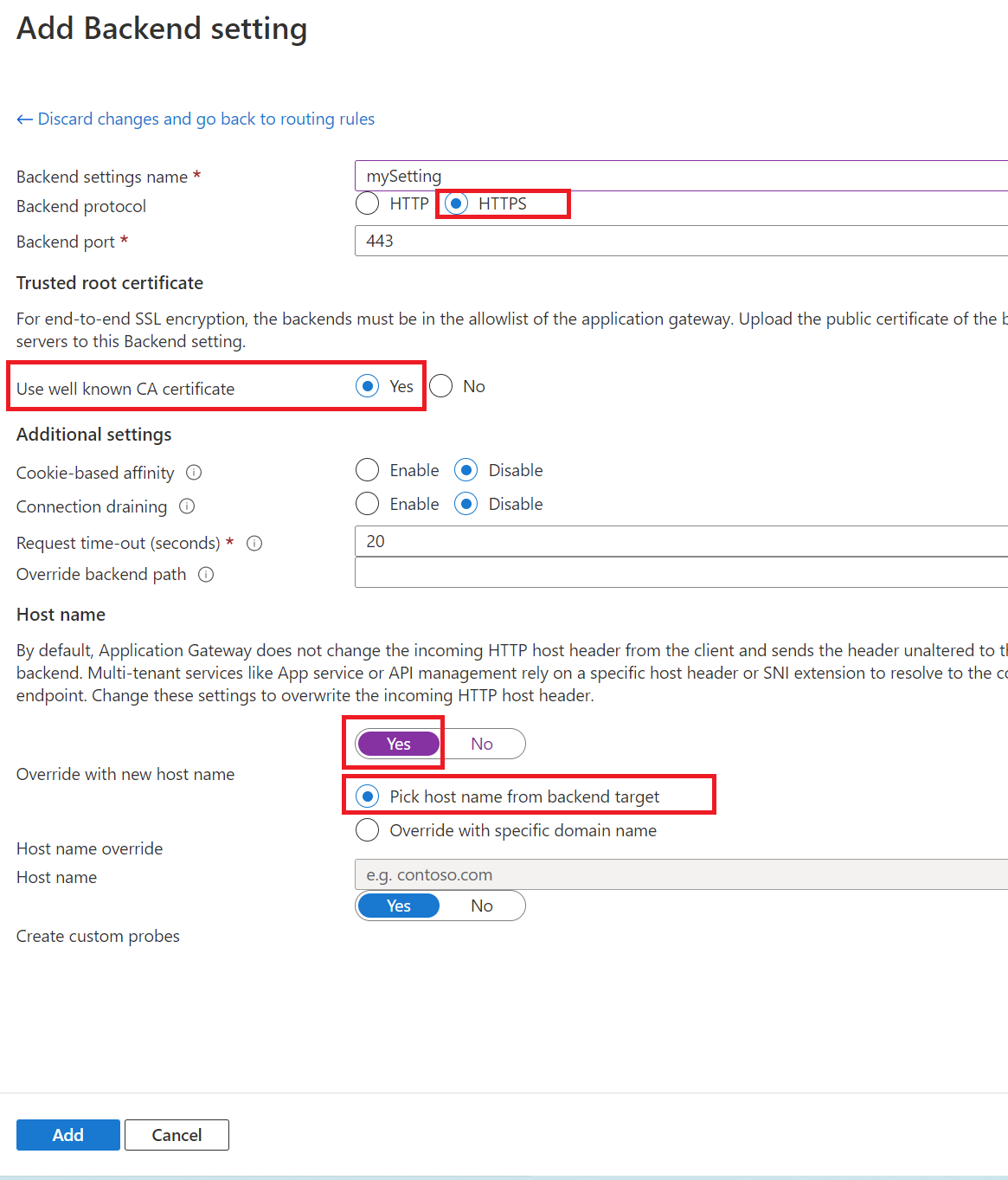 Capture d’écran montrant la configuration du paramètre de back-end de passerelle applicative pour SignalR Service.