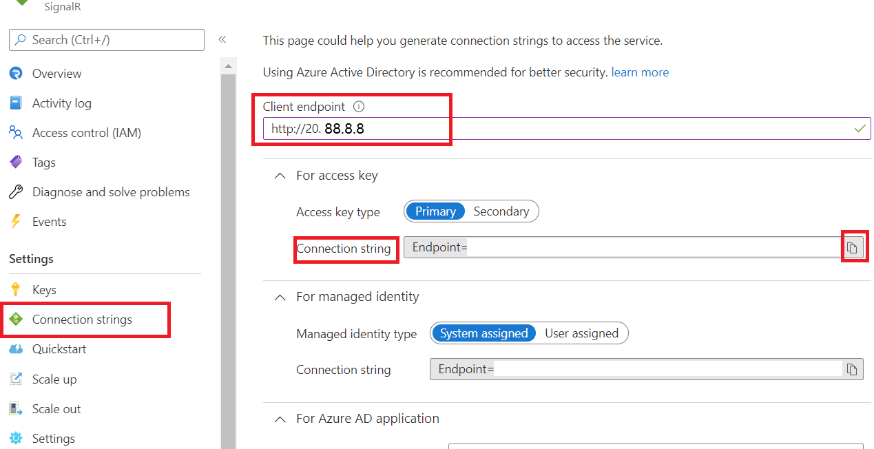 Capture d’écran montrant l’obtention de la chaîne de connexion pour SignalR Service avec un point de terminaison de client.