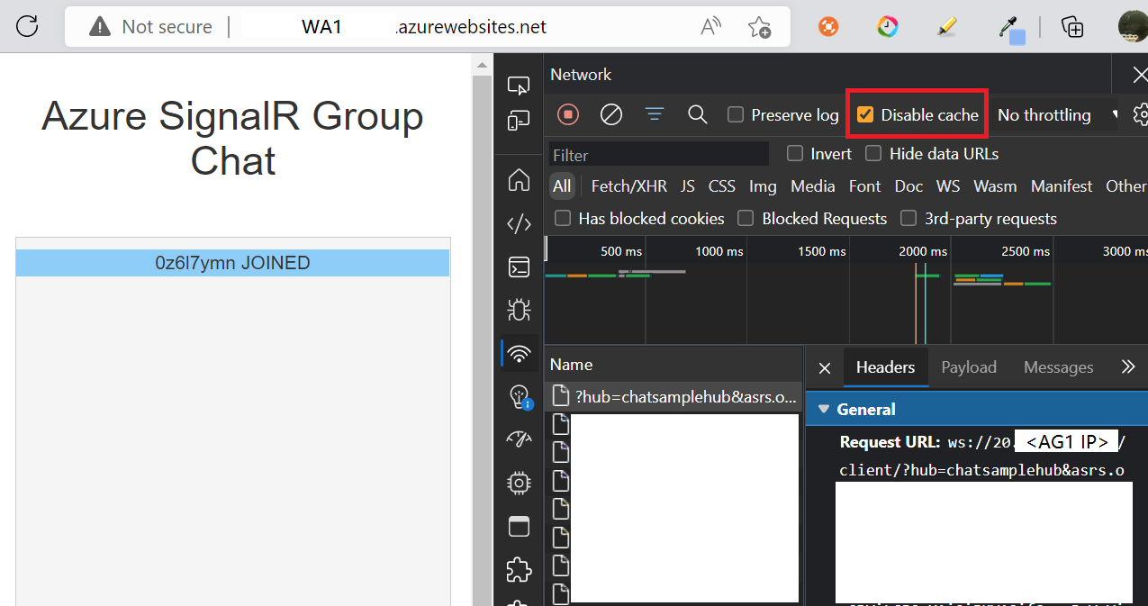 Capture d’écran montrant l’exécution de l’application de conversation dans Azure avec App Gateway et SignalR Service.