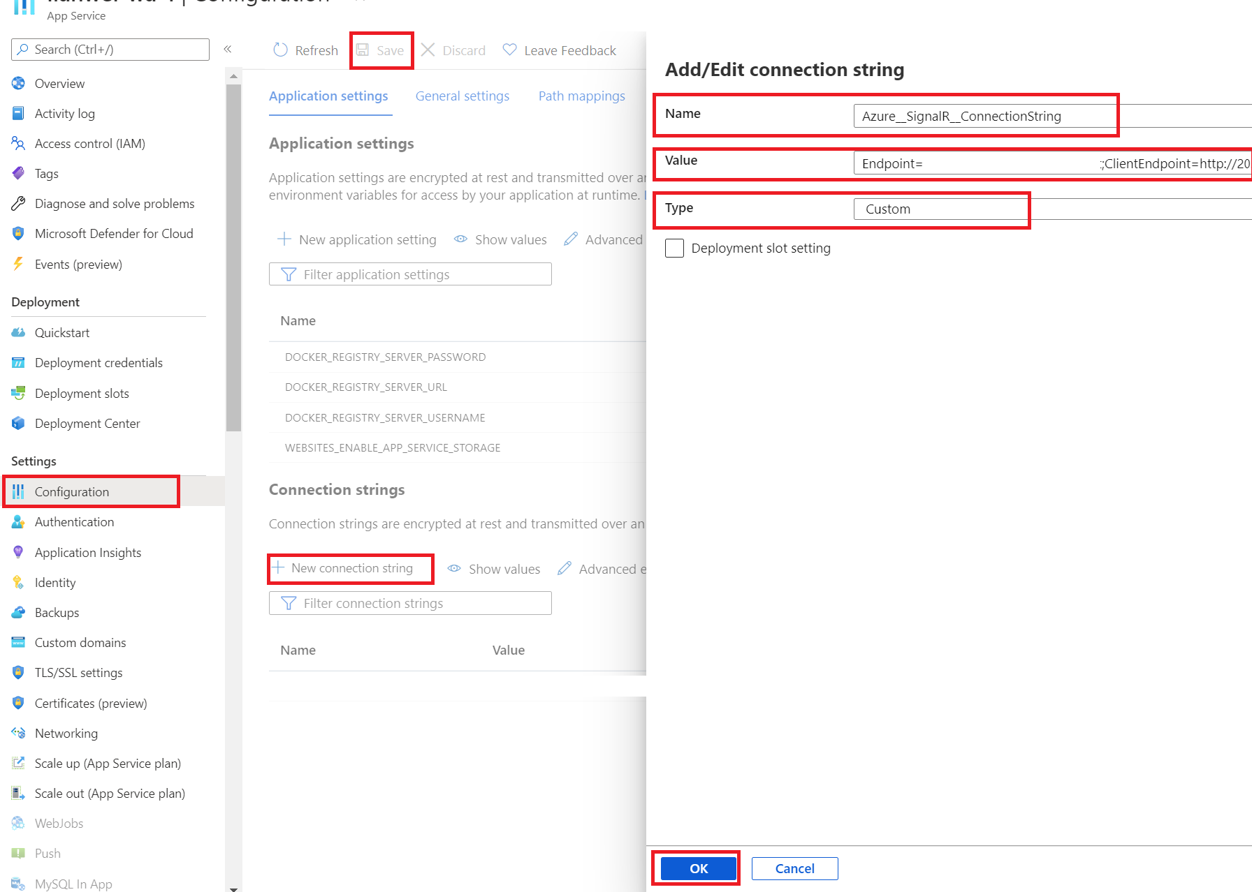 Capture d’écran montrant la configuration d’une chaîne de connexion d’application web.