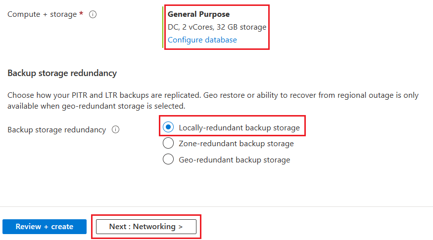 Capture d’écran du portail Azure, montrant Configurer la base de données de la série DC - Informations de base.