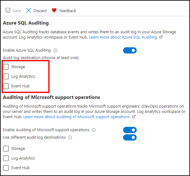 Capture d’écran montrant les options de stockage pour l’audit.