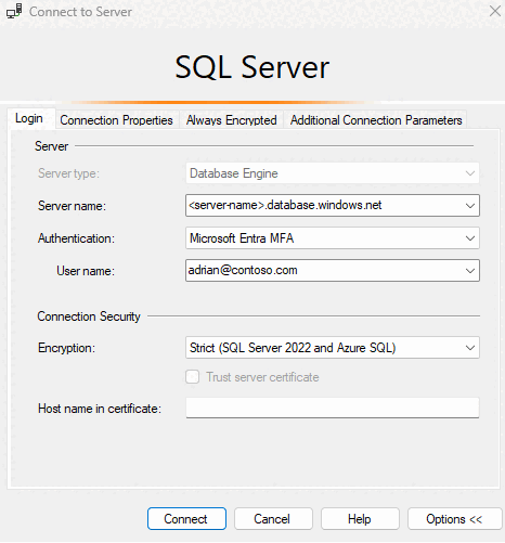 Capture d’écran des paramètres de la boîte de dialogue Se connecter au serveur dans SSMS, avec tous les champs renseignés.