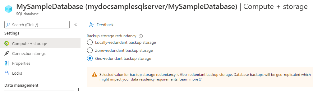 Capture d’écran du portail Azure montrant où modifier la redondance du stockage de sauvegarde pour des bases de données existantes.